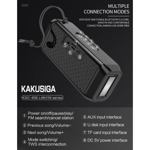 Bluetooth speaker AUX/USB/SD card inputs FM radio black KSC-606 F2520 Kakusiga