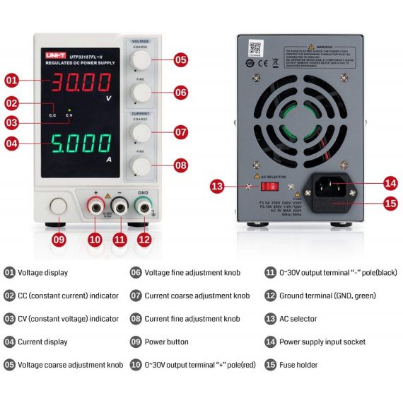 Linear benchtop power supply 1 channel 90W 30V 3A UTP3315TFL-II UNI-T U1080 UNI-T