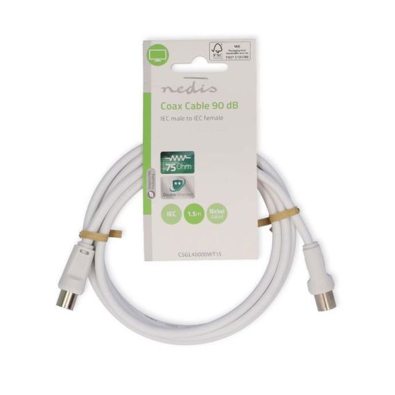 Câble coaxial 90dB IEC (coaxial) mâle vers IEC (coaxial) femelle 1.5m Blanc ND4026 Nedis